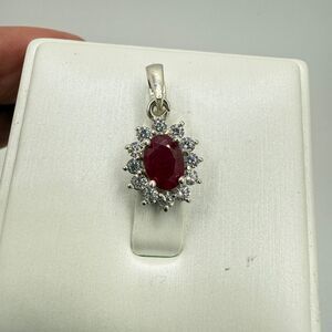 NWOT 5x7mm oval cut, faceted RUBY, w/halo of cz diamonds in 925 pendant!